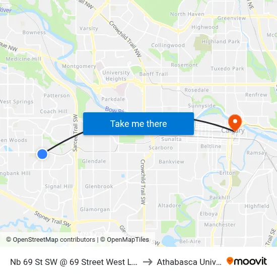 Nb 69 St SW @ 69 Street West Lrt Station to Athabasca University map