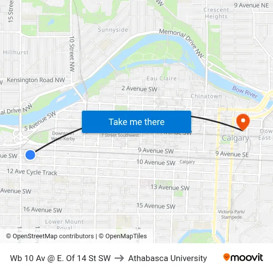 Wb 10 Av @ E. Of 14 St SW to Athabasca University map