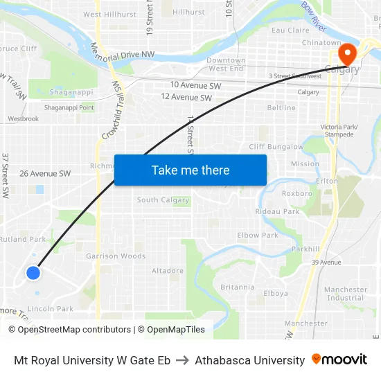 Mt Royal University W Gate Eb to Athabasca University map