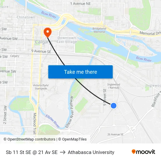Sb 11 St SE @ 21 Av SE to Athabasca University map