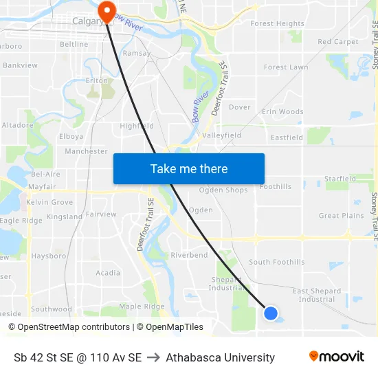 Sb 42 St SE @ 110 Av SE to Athabasca University map