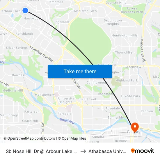 Sb Nose Hill Dr @ Arbour Lake Wy NW to Athabasca University map