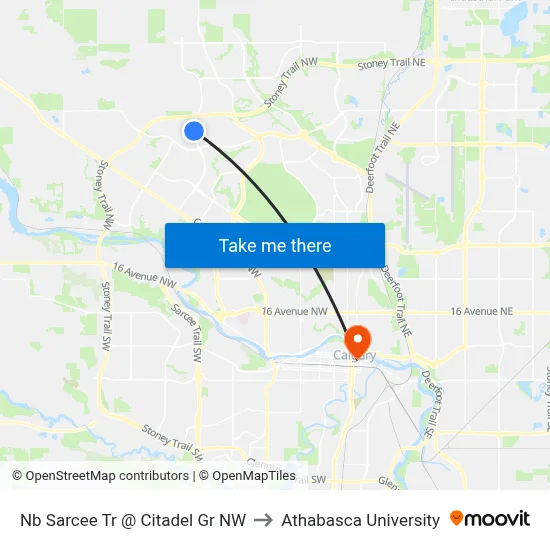 Nb Sarcee Tr @ Citadel Gr NW to Athabasca University map