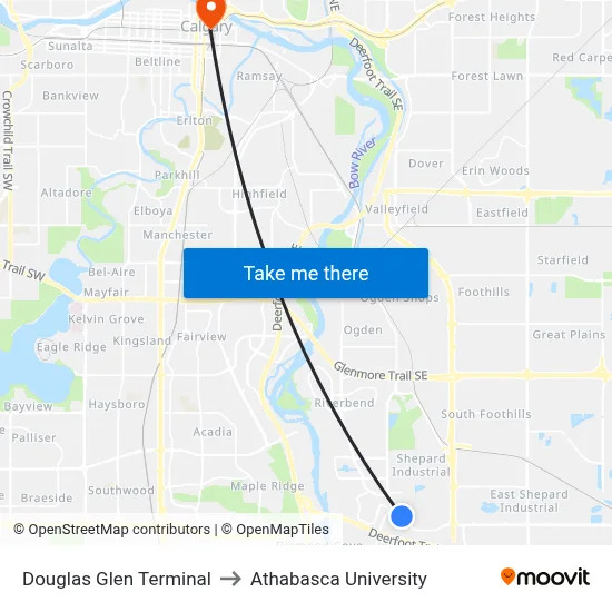 Douglas Glen Terminal to Athabasca University map