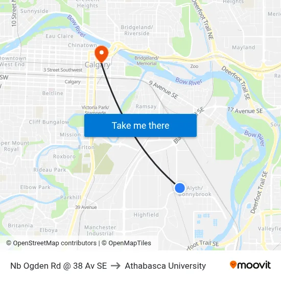 Nb Ogden Rd @ 38 Av SE to Athabasca University map