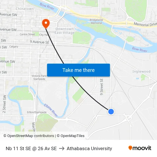 Nb 11 St SE @ 26 Av SE to Athabasca University map