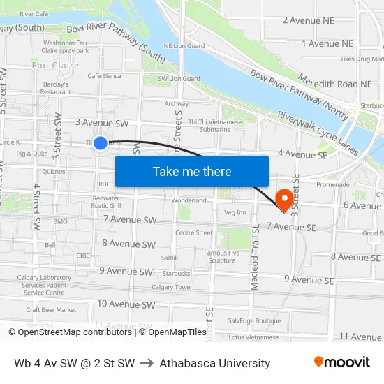 Wb 4 Av SW @ 2 St SW to Athabasca University map