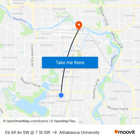 Eb 69 Av SW @ 7 St SW to Athabasca University map