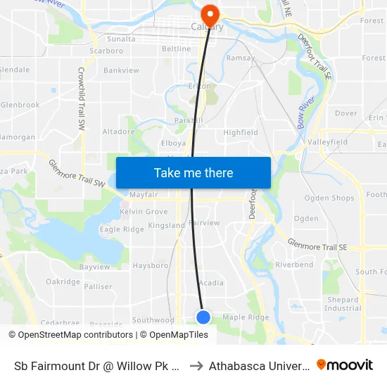 Sb Fairmount Dr @ Willow Pk Dr SE to Athabasca University map