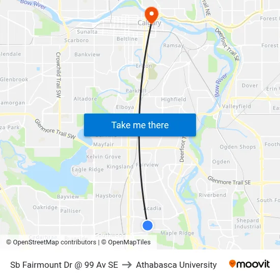 Sb Fairmount Dr @ 99 Av SE to Athabasca University map