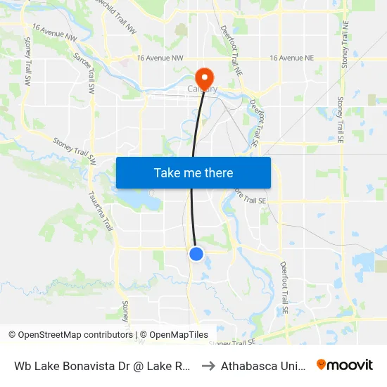Wb Lake Bonavista Dr @ Lake Rosen Cr SE to Athabasca University map