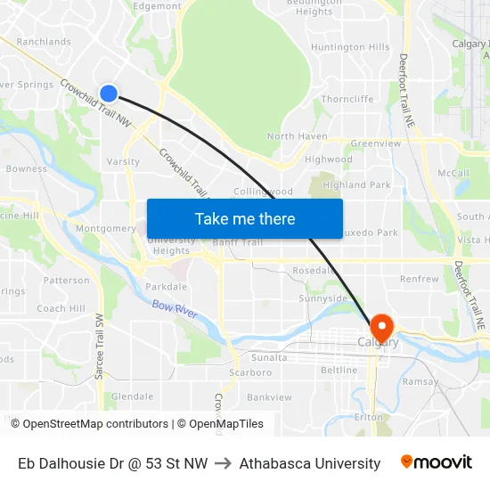 Eb Dalhousie Dr @ 53 St NW to Athabasca University map