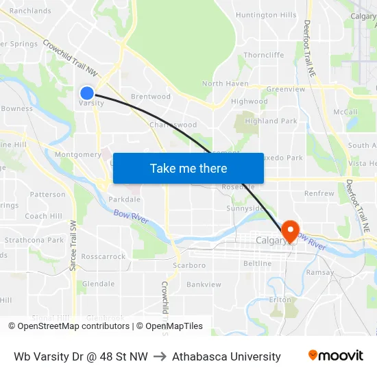 Wb Varsity Dr @ 48 St NW to Athabasca University map
