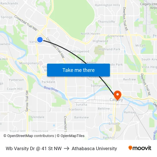 Wb Varsity Dr @ 41 St NW to Athabasca University map