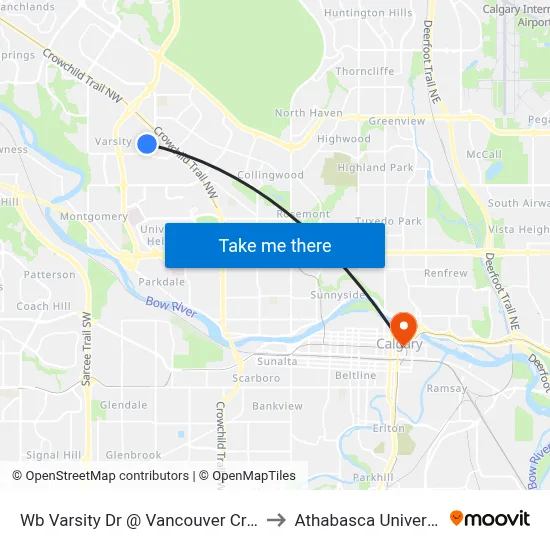 Wb Varsity Dr @ Vancouver Cr NW to Athabasca University map