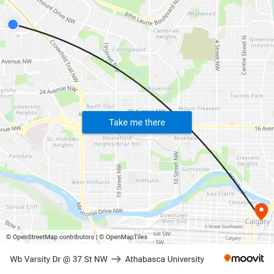 Wb Varsity Dr @ 37 St NW to Athabasca University map