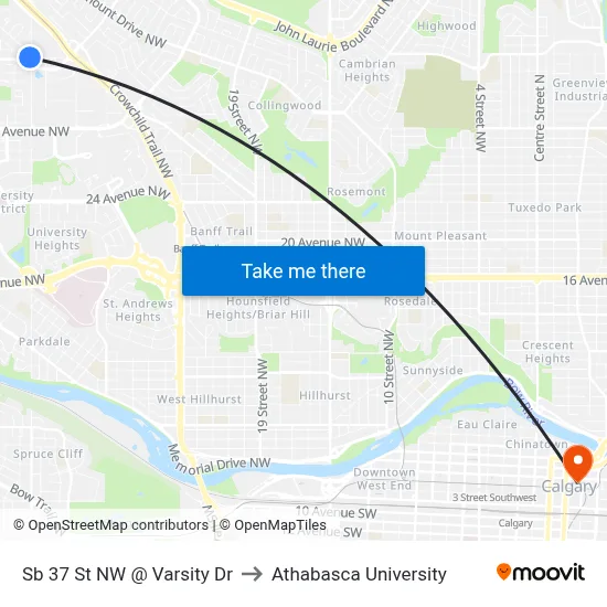 Sb 37 St NW @ Varsity Dr to Athabasca University map