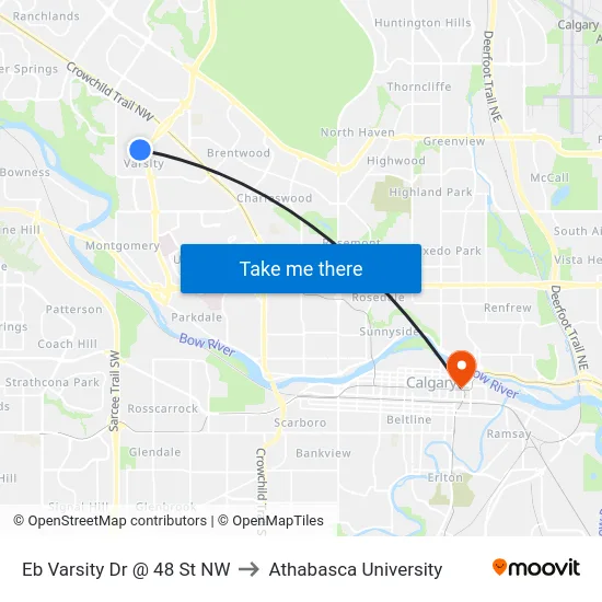 Eb Varsity Dr @ 48 St NW to Athabasca University map