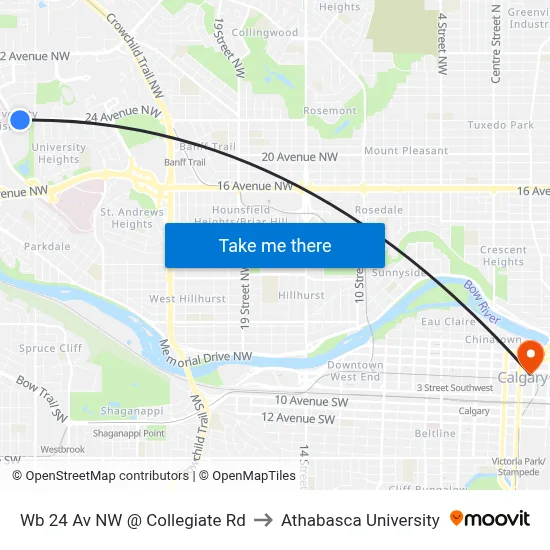 Wb 24 Av NW @ Collegiate Rd to Athabasca University map