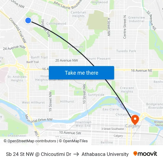 Sb 24 St NW @ Chicoutimi Dr to Athabasca University map