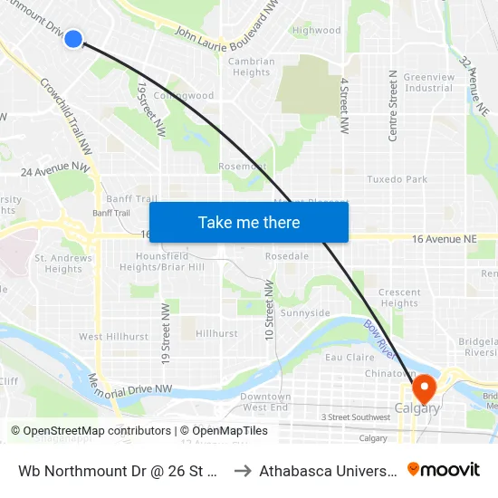 Wb Northmount Dr @ 26 St NW to Athabasca University map