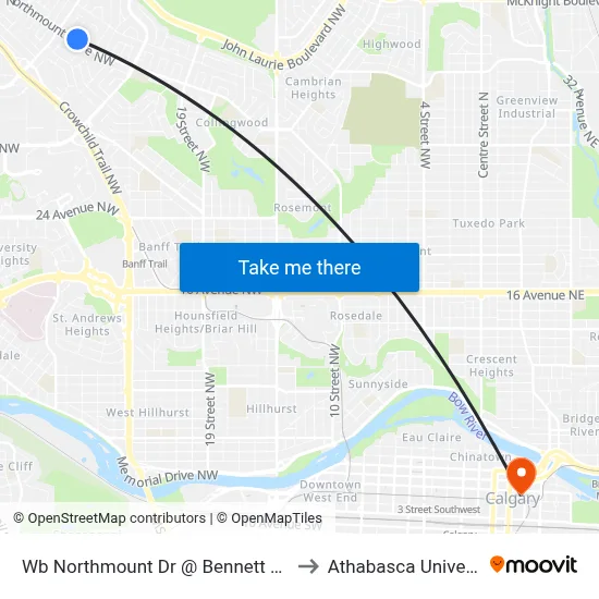 Wb Northmount Dr @ Bennett Cr NW to Athabasca University map