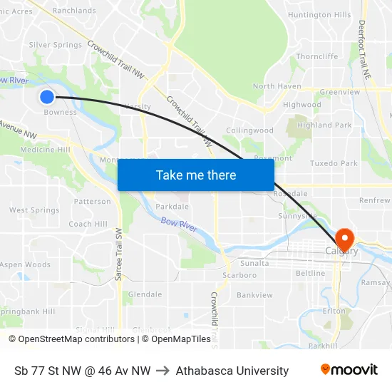 Sb 77 St NW @ 46 Av NW to Athabasca University map
