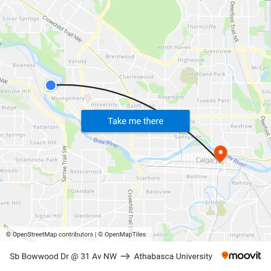 Sb Bowwood Dr @ 31 Av NW to Athabasca University map