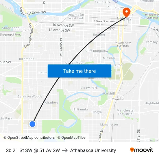 Sb 21 St SW @ 51 Av SW to Athabasca University map