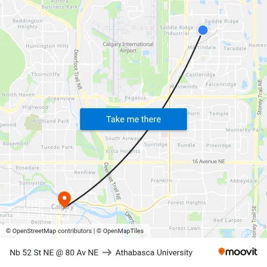 Nb 52 St NE @ 80 Av NE to Athabasca University map
