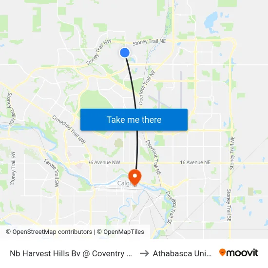 Nb Harvest Hills Bv @ Coventry Hills Dr NE to Athabasca University map
