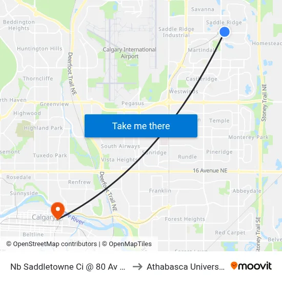 Nb Saddletowne Ci @ 80 Av NE to Athabasca University map