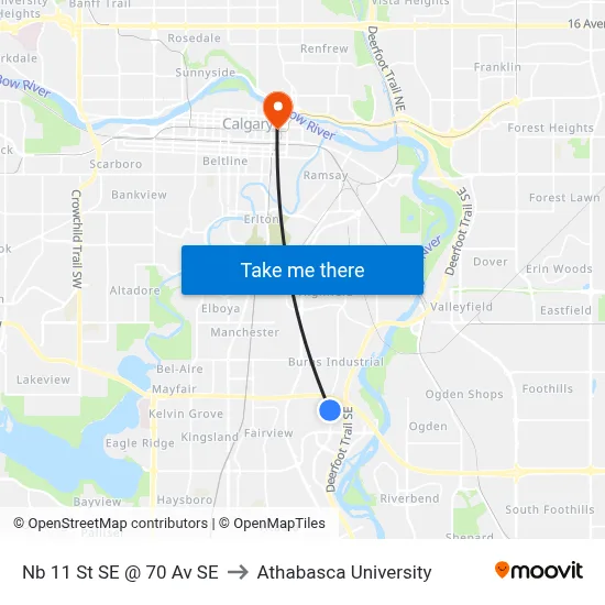 Nb 11 St SE @ 70 Av SE to Athabasca University map
