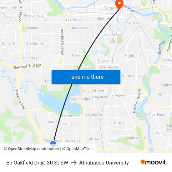 Eb Oakfield Dr @ 30 St SW to Athabasca University map