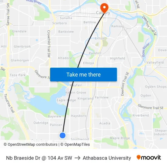 Nb Braeside Dr @ 104 Av SW to Athabasca University map
