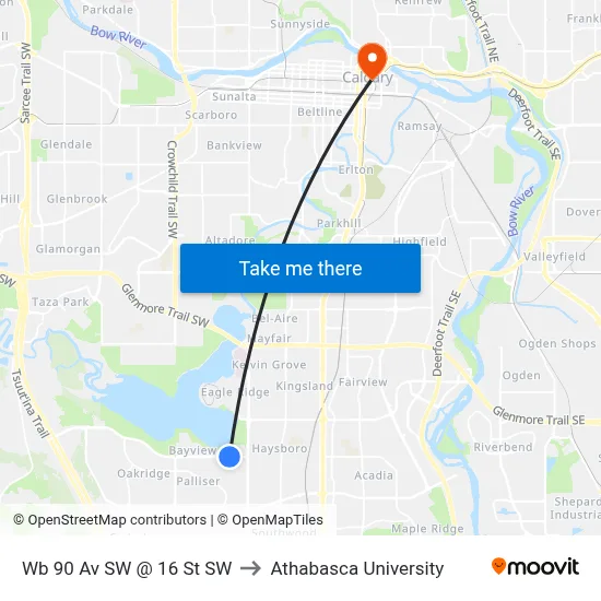 Wb 90 Av SW @ 16 St SW to Athabasca University map