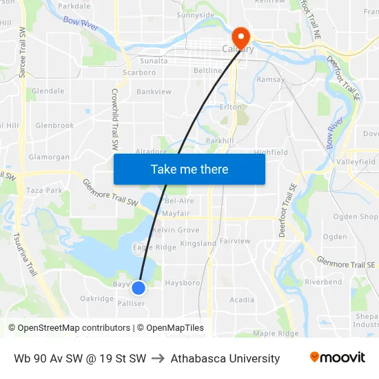 Wb 90 Av SW @ 19 St SW to Athabasca University map