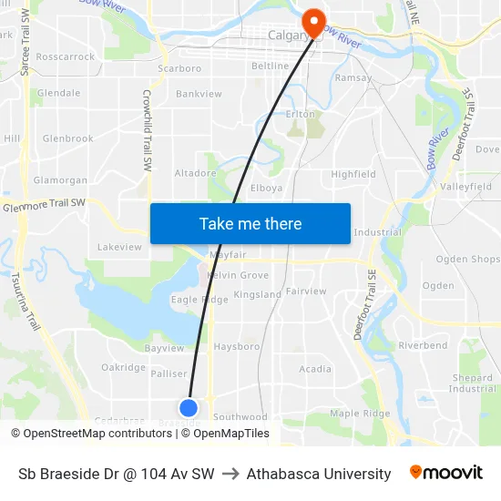 Sb Braeside Dr @ 104 Av SW to Athabasca University map