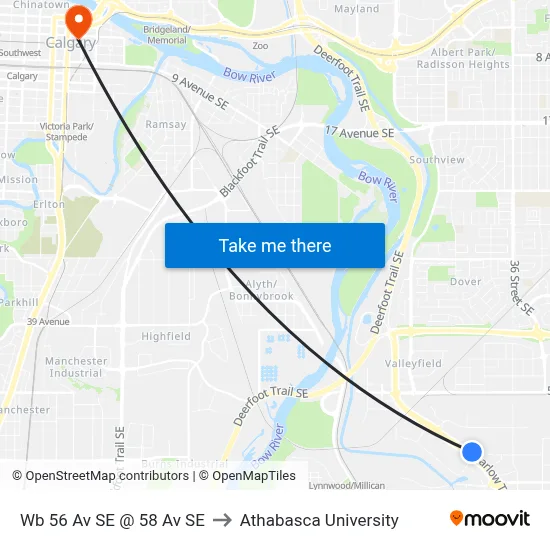 Wb 56 Av SE @ 58 Av SE to Athabasca University map