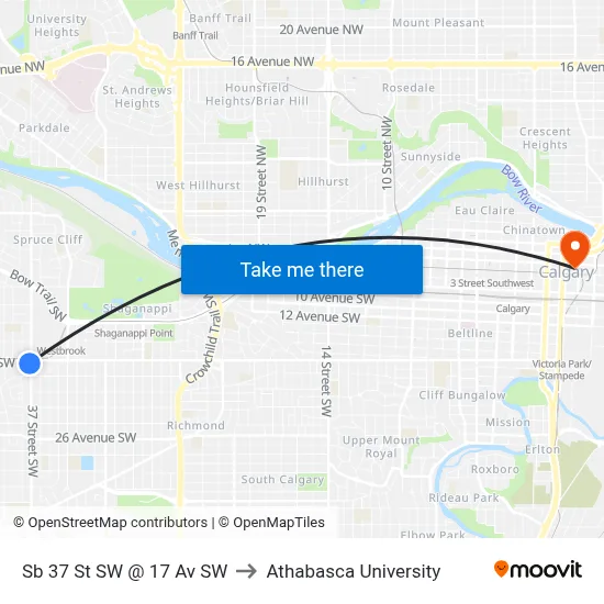 Sb 37 St SW @ 17 Av SW to Athabasca University map
