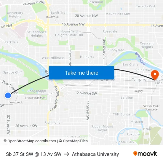 Sb 37 St SW @ 13 Av SW to Athabasca University map