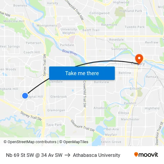 Nb 69 St SW @ 34 Av SW to Athabasca University map