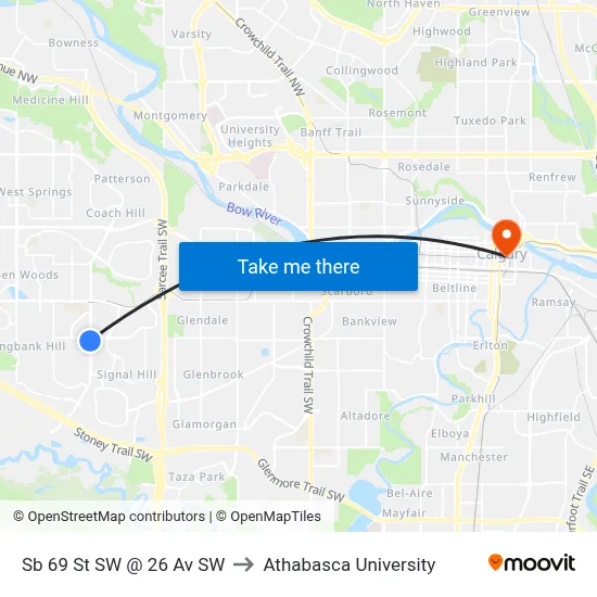 Sb 69 St SW @ 26 Av SW to Athabasca University map