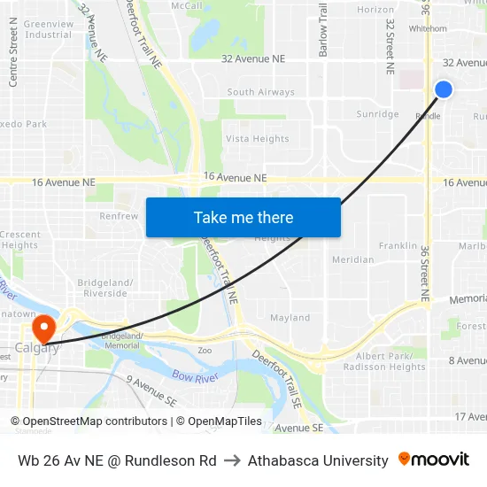 Wb 26 Av NE @ Rundleson Rd to Athabasca University map