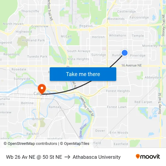 Wb 26 Av NE @ 50 St NE to Athabasca University map