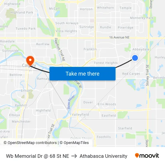 Wb Memorial Dr @ 68 St NE to Athabasca University map