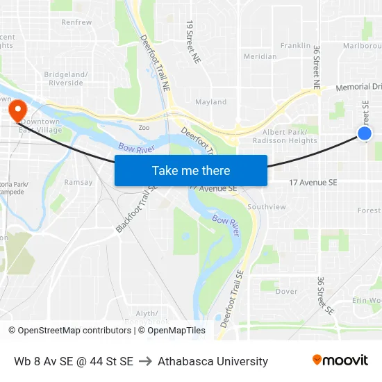 Wb 8 Av SE @ 44 St SE to Athabasca University map