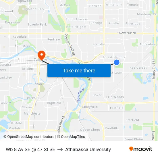 Wb 8 Av SE @ 47 St SE to Athabasca University map