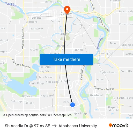 Sb Acadia Dr @ 97 Av SE to Athabasca University map