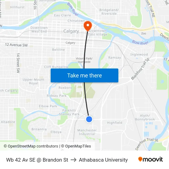 Wb 42 Av SE @ Brandon St to Athabasca University map